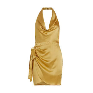 Amanda Uprichard 'Martine' Gold Silk Halterneck Sleeveless Open Back Mini Dress